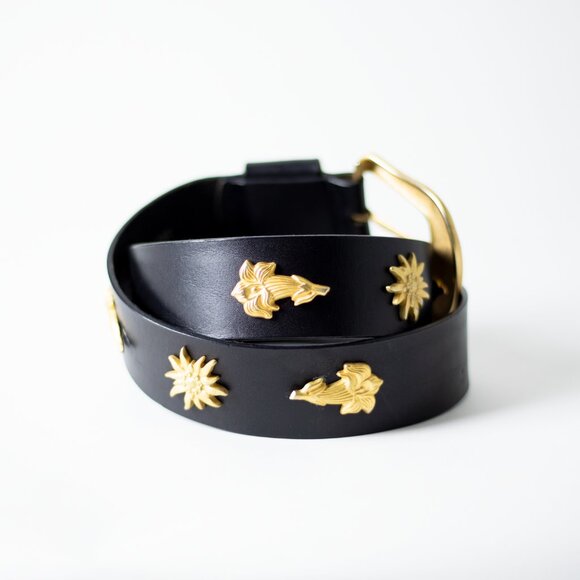 Vintage Birth-Gramm Black Wide Leather Belt Featuring Gold Suns & Iris Flowers main image 4